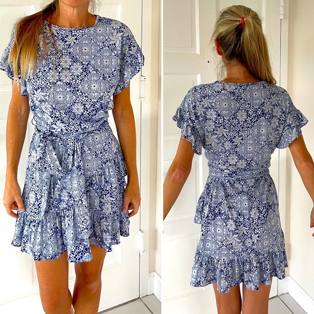 Michael Kors Blue/White Patterned Dress